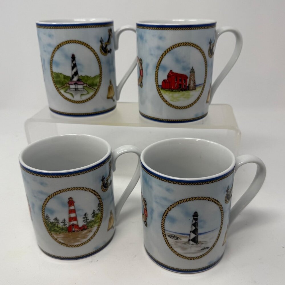 Lighthouse Coffee Mugs Set of 4 Porcelain American Atelier Signals 5139 Tea Cups